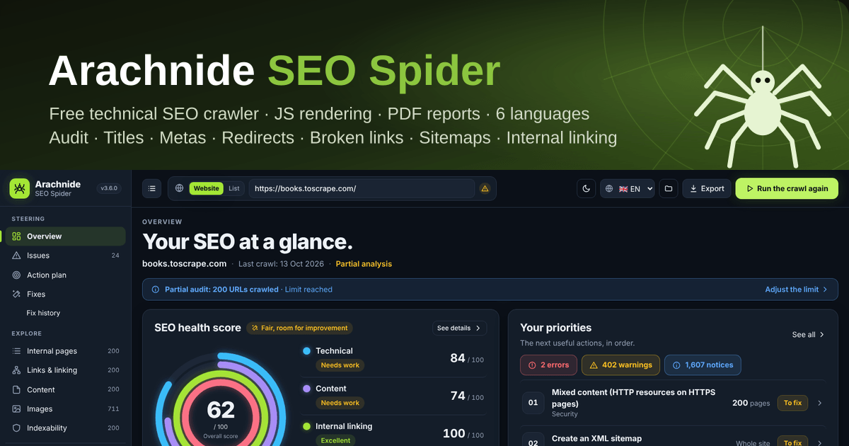 Arachnide SEO Spider — Auditez n’importe quel site sur votre ordinateur : environ 95 contrôles SEO, score de…