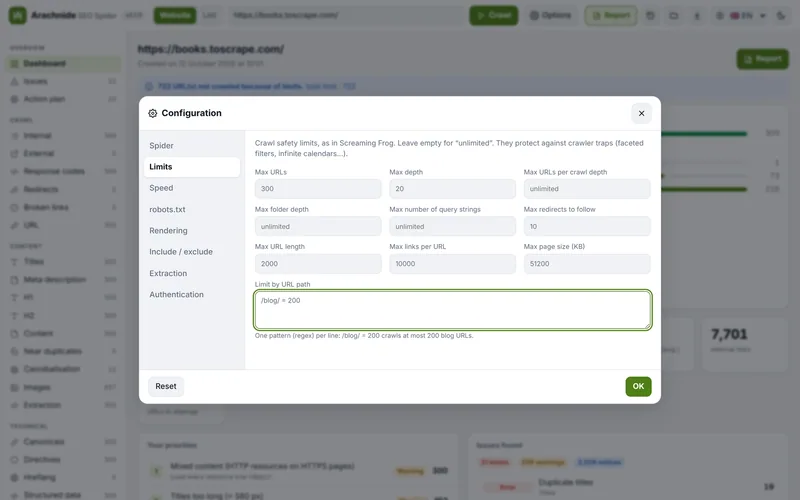 Finestra Configurazione, scheda Limiti: totale del crawl, profondità, URL per livello, profondità delle cartelle, query string, reindirizzamenti, lunghezza degli URL, link per pagina, peso della pagina, limiti per percorso