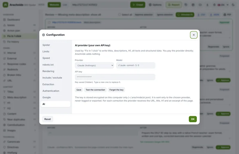 AI settings: provider, model and connection test