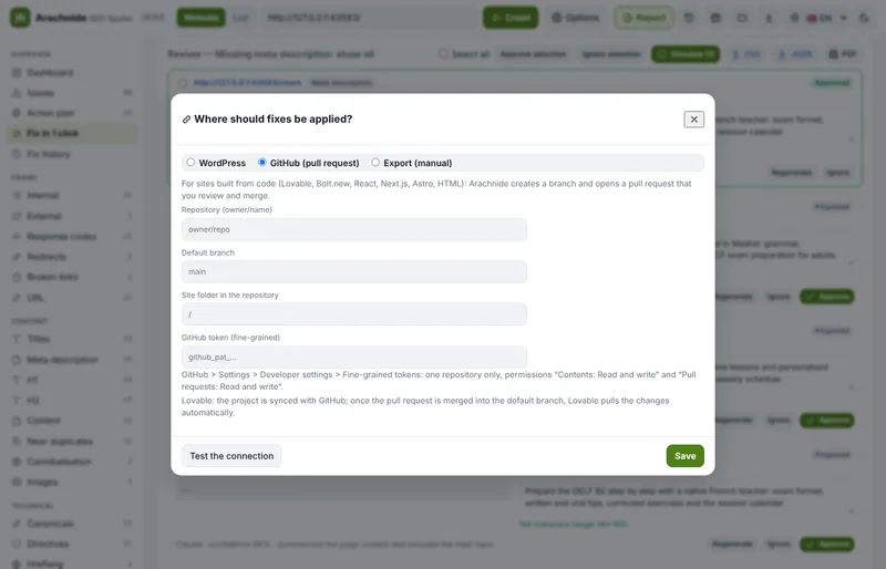 Finestra di connessione: WordPress, pull request GitHub o esportazione
