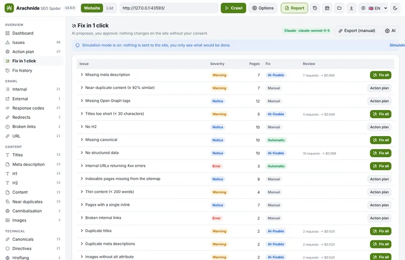 Correggi in 1 clic: problemi raggruppati per impatto con badge IA / automatica / manuale e stima del costo
