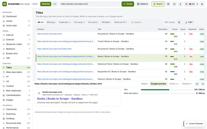 Titles tab with the Google SERP preview and pixel meters